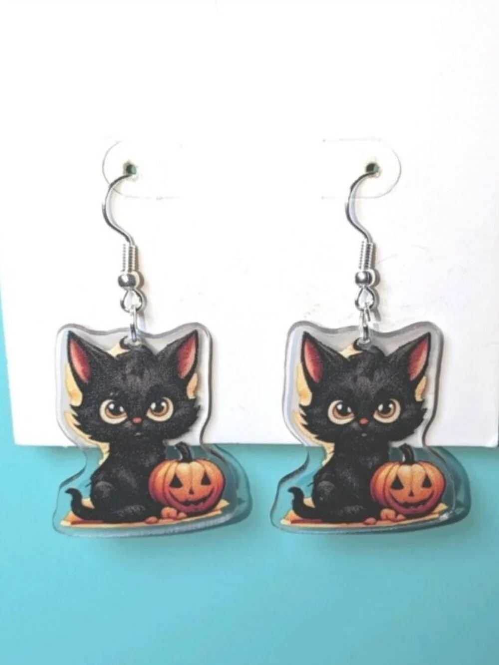 Halloween Black Cat and Pumpkin Dangle Earrings - Unbranded